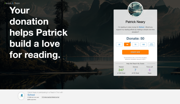 Example of a student's Read-A-Thon fundraising page.